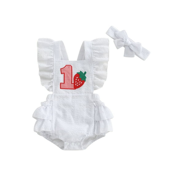 BemeyourBBs Baby Girl Strawberry Birthday Romper Fly Sleeve Bodysuit with Headband