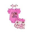 thumbnail image 1 of BemeyourBBs Baby Girl Summer Outfits Letter Boots Cow Print Crew Neck Short Sleeve Romper Shorts and Bow Headband 3 Pcs Set, 1 of 9