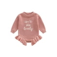 thumbnail image 1 of BemeyourBBs Baby Girl Sweater Romper Spring Fall Winter Clothes Letter Embroidery Round Neck Long Sleeve Ruffled Knit Jumpsuit, 1 of 9
