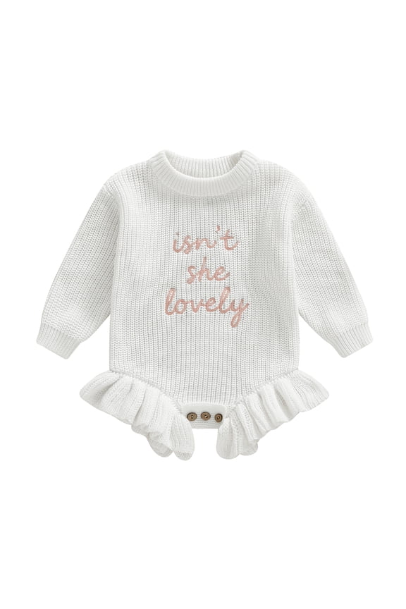 Baby Girl Sweater Romper Spring Fall Winter Clothes Letter Embroidery Round Neck Long Sleeve Ruffled Knit Jumpsuit