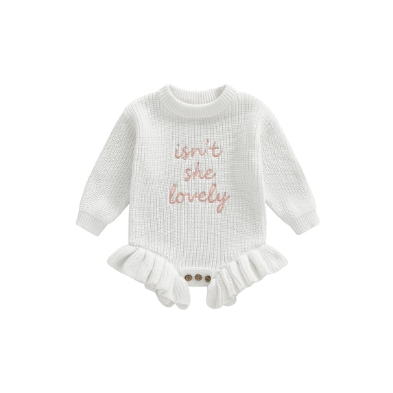 BemeyourBBs Baby Girl Sweater Romper Spring Fall Winter Clothes Letter Embroidery Round Neck Long Sleeve Ruffled Knit Jumpsuit