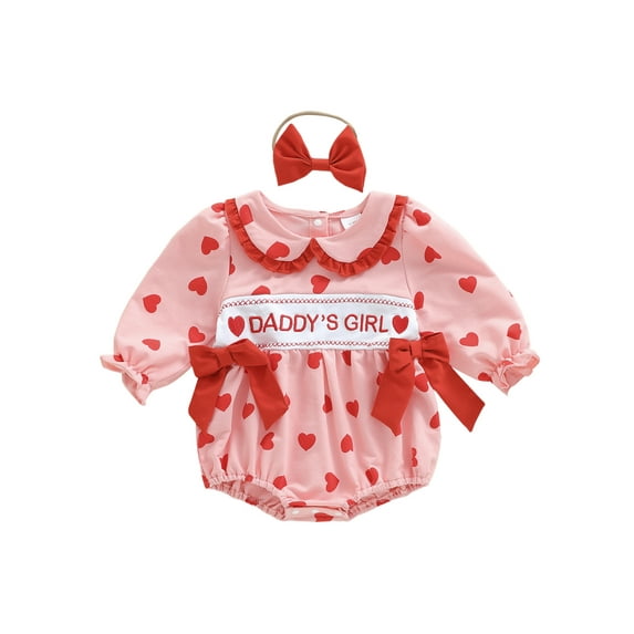 BemeyourBBs Baby Girl Valentine's Day Outfit Daddy's Girl Bubble Romper Heart Long Sleeve Bodysuit Bow Headband Newborn Spring Clothes