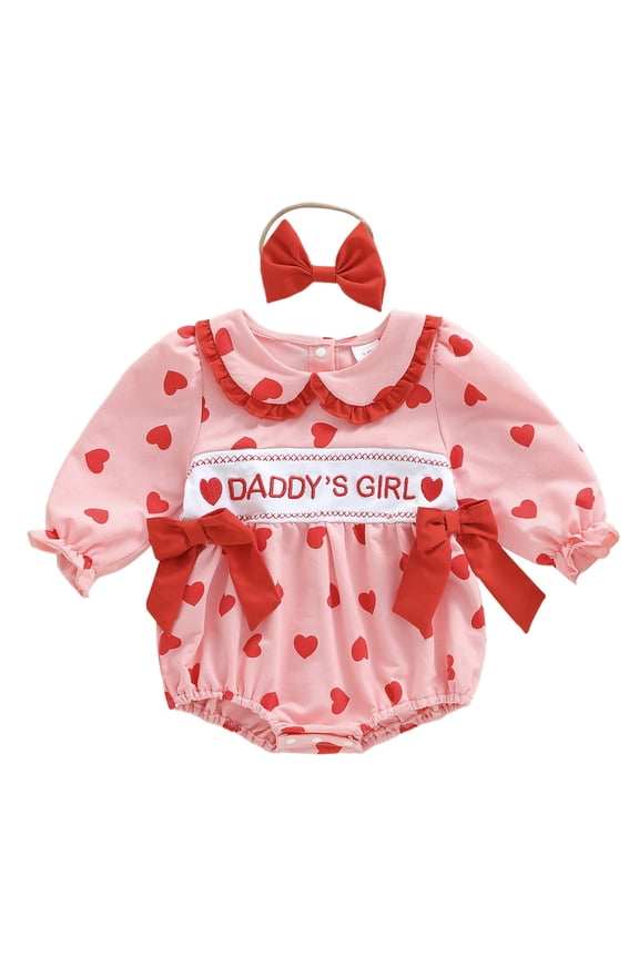 Baby Girl Valentine's Day Outfit Daddy's Girl Bubble Romper Heart Long Sleeve Bodysuit Bow Headband Newborn Spring Clothes