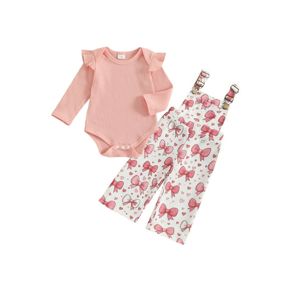BemeyourBBs Baby Girls Clothing Set Long Sleeve Ribbed Romper with Print Overalls