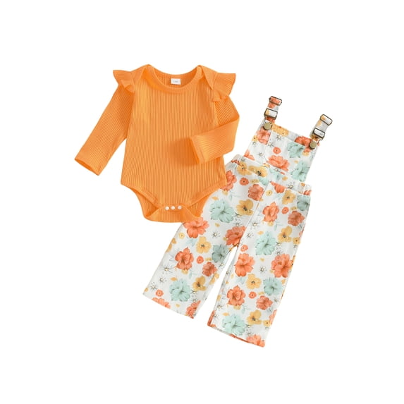 BemeyourBBs Baby Girls Clothing Set Long Sleeve Ribbed Romper with Print Overalls