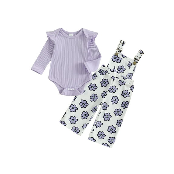BemeyourBBs Baby Girls Clothing Set Long Sleeve Ribbed Romper with Print Overalls