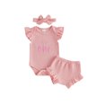 thumbnail image 1 of BemeyourBBs Baby Girls First Birthday 2 Piece Outfits One Years Birthday Clothes Waffle Knit Letter Bow Embroidery Flying Sleeve Round Neck Romper and Shorts Headband Set, 1 of 7