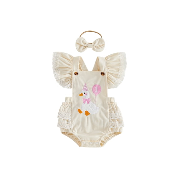 BemeyourBBs Baby Girls First Birthday Goose Outfit 1st Years Old Birthday Clothes Summer Romper Overalls Cute Goose Elephant Embroidery Flutter Sleeves Jumpsuit Playsuit and Headband Set