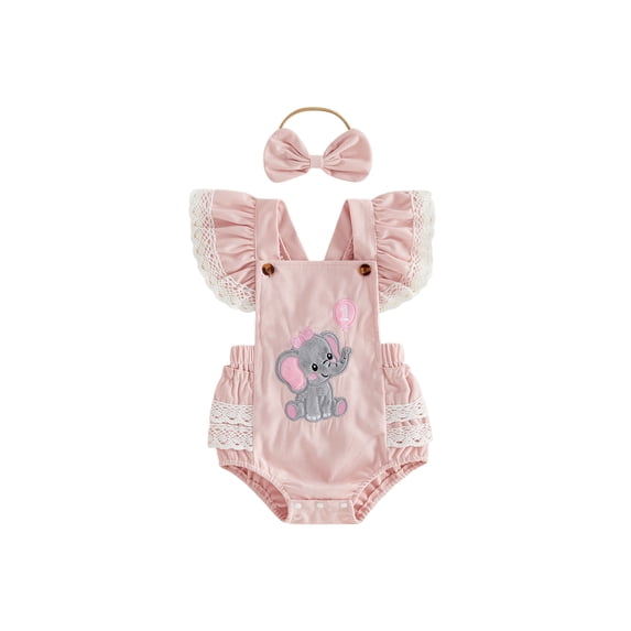 BemeyourBBs Baby Girls First Birthday Goose Outfit 1st Years Old Birthday Clothes Summer Romper Overalls Cute Goose Elephant Embroidery Flutter Sleeves Jumpsuit Playsuit and Headband Set