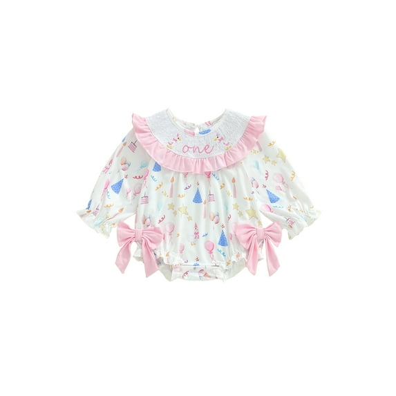 BemeyourBBs Baby Girls First Birthday One Years Old 1st Birthday Clothes Smocked Bubble Romper Bow Balloon Print Letter Embroidery Long Sleeve Ruffled Jumpsuit Bodysuit