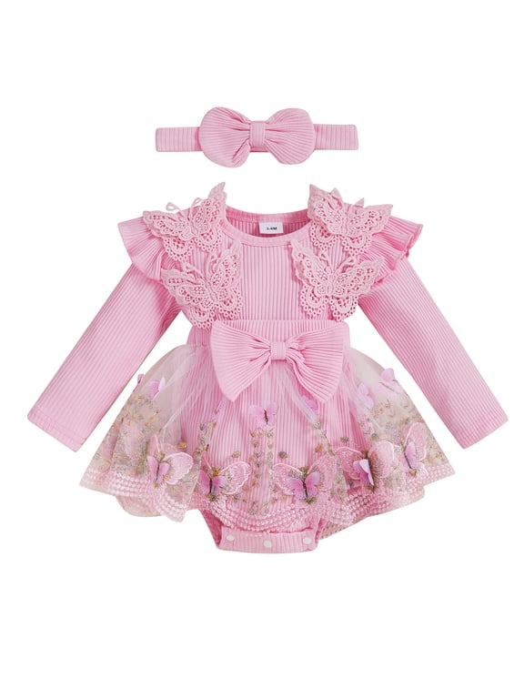 Baby Girls First Birthday Outfit 1st Birthday Party Dress Newborn Fairy Butterfly Tulle Tutu Romper Dress Long Sleeve Floral Embroidery Bodysuit Cake Smash Dresses Headband