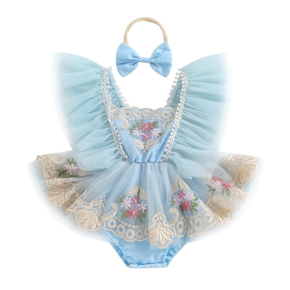 BemeyourBBs Baby Girls First Birthday Outfit 1st Birthday Party Dress Newborn Fairy Tulle Tutu Romper Dress Floral Embroidery Bodysuit Cake Smash Dresses