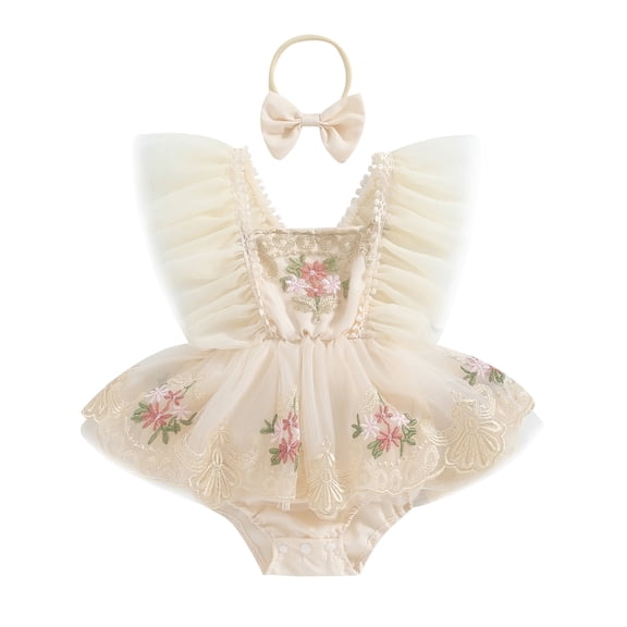 BemeyourBBs Baby Girls First Birthday Outfit 1st Birthday Party Dress Newborn Fairy Tulle Tutu Romper Dress Floral Embroidery Bodysuit Cake Smash Dresses