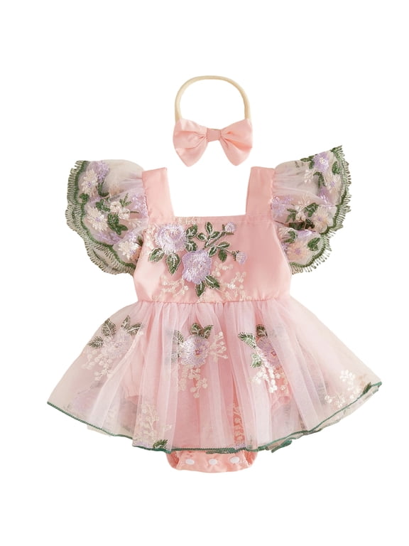 Baby Girls First Birthday Outfit 1st Birthday Party Dress Newborn Fairy Tulle Tutu Romper Dress Fly Sleeve Floral Embroidery Bodysuit Princess Party Cake Smash Dresses Headband