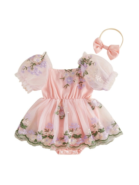 Baby Girls First Birthday Outfit 1st Birthday Party Dress Newborn Fairy Tulle Tutu Romper Dress Fly Sleeve Floral Embroidery Bodysuit Princess Party Cake Smash Dresses Headband