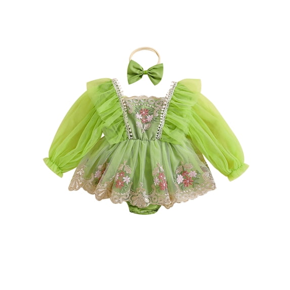 BemeyourBBs Baby Girls First Birthday Outfit 1st Birthday Party Dress Newborn Fairy Tulle Tutu Romper Dress Long Sleeve Floral Embroidery Bodysuit Cake Smash Dresses