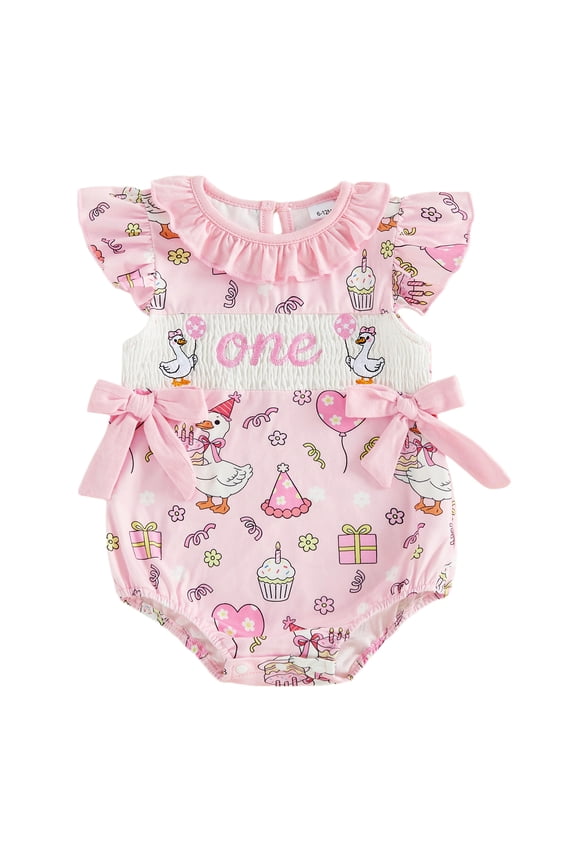 Baby Girls First Birthday Outfit 1st Years Old Birthday Clothes Smocked Romper Cute Cake Duck Embroidery Flying Sleeve Bow Decor Summer Bodysuit Playsuit Clothes