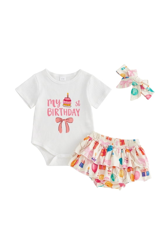 Baby Girls My First Birthday Outfit 1st Years Old Birthday Summer Clothes Short Sleeve Letter Cake Print Romper Tiered Bow Balloon Print PP Shorts Skirt Headband Sets
