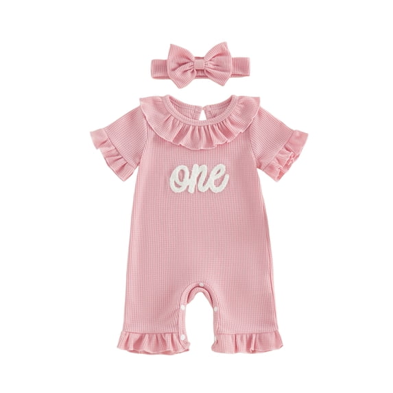 BemeyourBBs Baby Girls First Birthday Outfit One Years Old 1st Birthday Clothes Summer Waffled Romper with Matching Bow Headband Letter Embroidery Ruffle Short Sleeve Bodysuit Playsuit