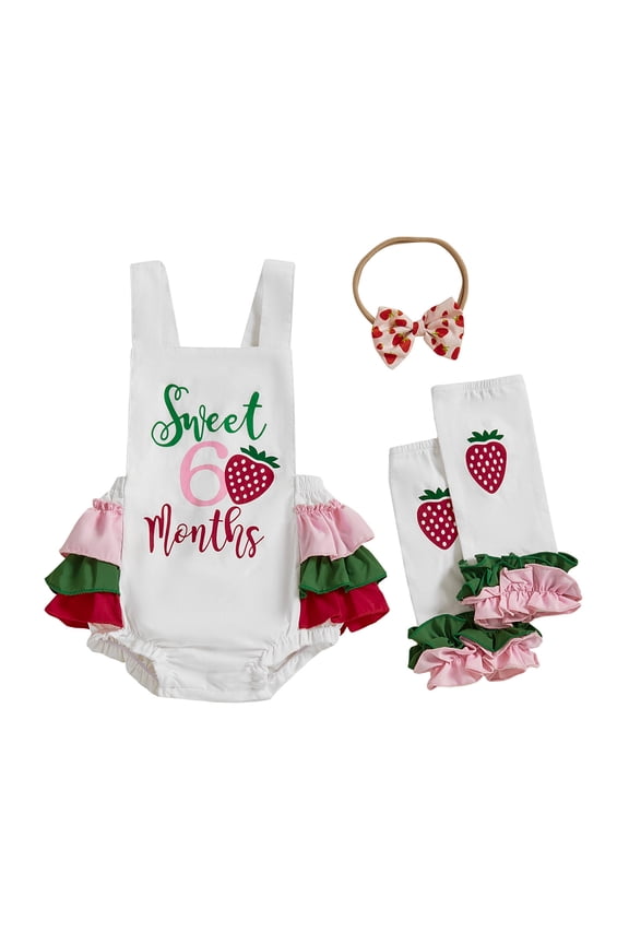 Baby Girls Half Birthday Outfit Baby Girl First Birthday Clothes Sleeveless Letter Donut Strawberry Print Romper with Bow Headband and Leg Warmers Set 3Pcs