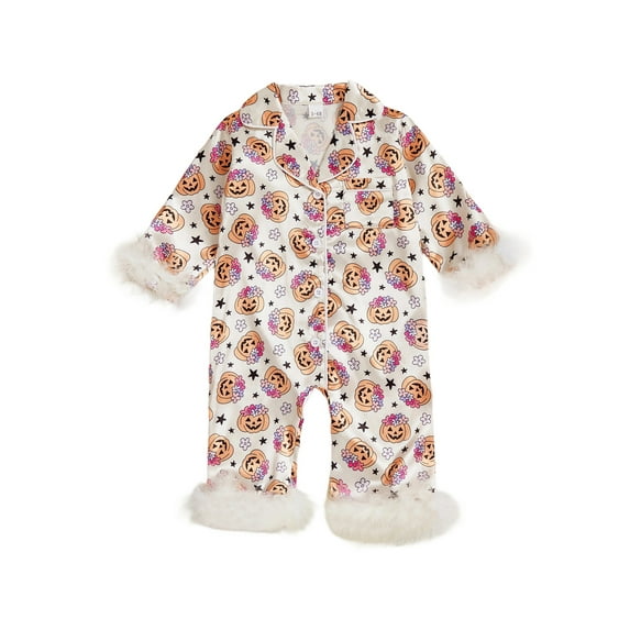 BemeyourBBs Baby Girls Halloween Pajamas Pumpkin/Ghost Print Button up Jumpsuit