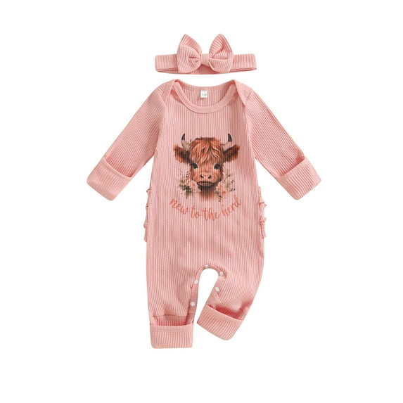 BemeyourBBs Baby Girls Ribbed Romper Highland Cow Print Jumpsuits and Headband
