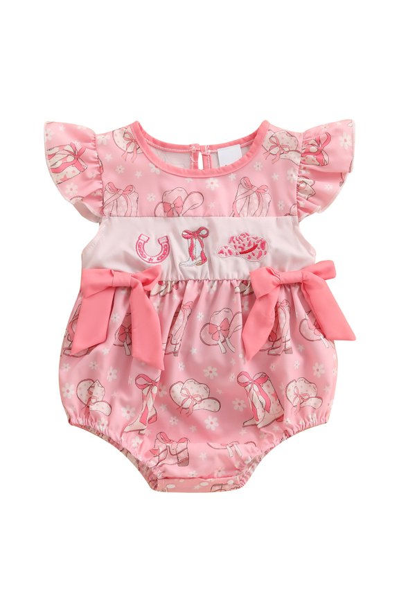 Baby Girls Romper, Fly Sleeve Crew Neck Bows Boots Print Bodysuit