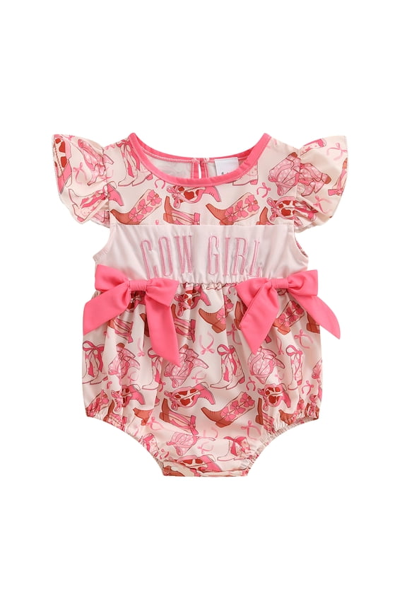 Baby Girls Romper, Fly Sleeve Crew Neck Bows Boots Print Bodysuit