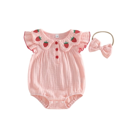 BemeyourBBs Baby Girls Summer Clothes Cotton Strawberry Outfits Bubble Romper Strawberry Embroidery Flying Sleeve Round Neck Bodysuit Playsuit and Headband Set