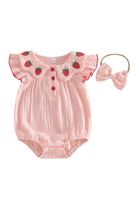 Baby Girls Summer Clothes Cotton Strawberry Outfits Bubble Romper Strawberry Embroidery Flying Sleeve Round Neck Bodysuit Playsuit and Headband Set