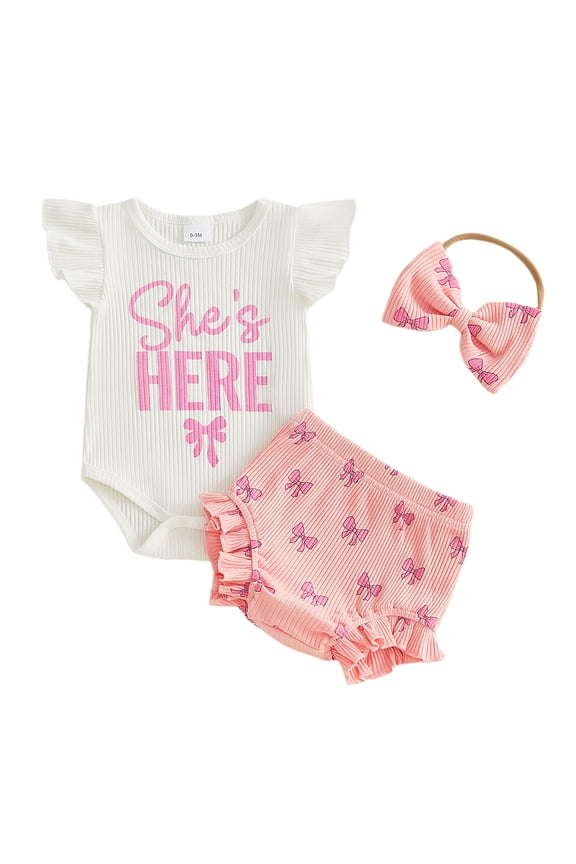 Baby Girls Summer Clothes Newborn Hospital Going Home Baby Girl Outfits She's Here Letter Print Fly Sleeves Romper and Bow Print Shorts Headband 3Pcs Set