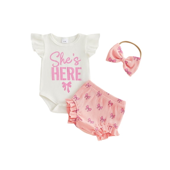 BemeyourBBs Baby Girls Summer Clothes Newborn Hospital Going Home Baby Girl Outfits She's Here Letter Print Fly Sleeves Romper and Bow Print Shorts Headband 3Pcs Set