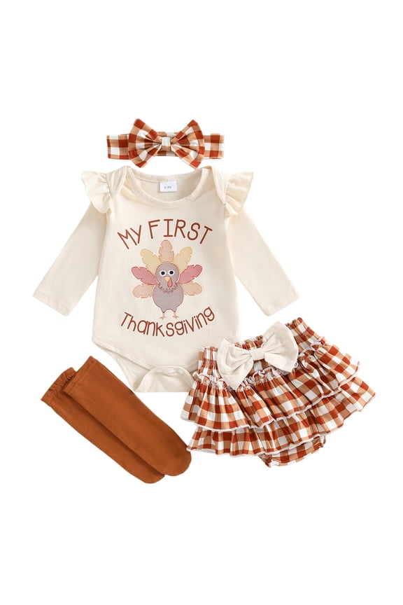 Baby Girls Thanksgiving Clothes Turkey Romper Shorts Headband Socks
