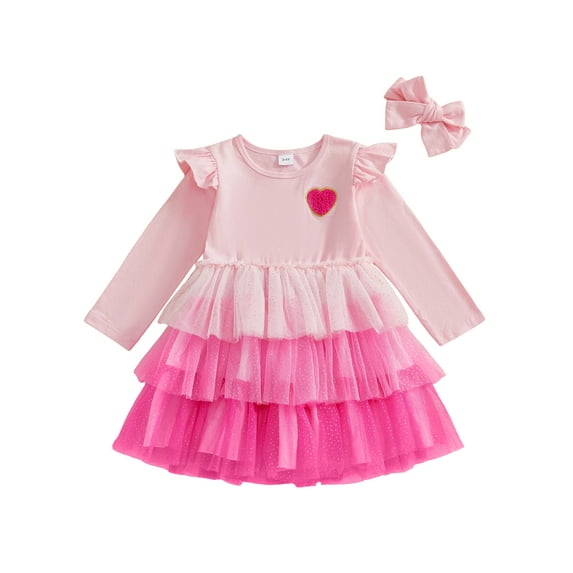 BemeyourBBs Baby Girls Valentines Day Outfits Toddler Girls Tulle Tutu Dress Spring Clothes Heart Embroidery Long Sleeves Tiered Dress with Headband