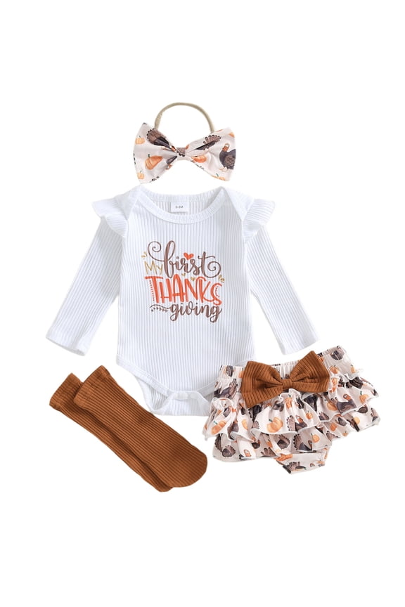 Baby Thanksgiving Outfit Romper Skirt Stockings Headband 4 Pcs Set