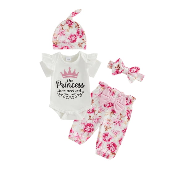 BemeyourBBs BemeyourBBs Hello I'm New Here Preemie Newborn Baby Girl Going Home Outfits Short Sleeve Romper Floral Print Pants Headband Hat Set 4Pcs Infant Girls Summer Clothes