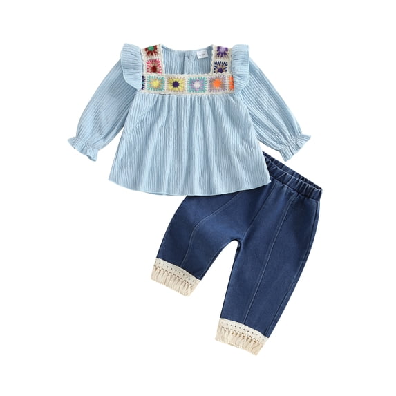 BemeyourBBs Boho Kids Toddler Baby Girl Spring Fall Summer Denim Outfits Infant Baby Clothes Bohemian Long Sleeve Floral Shirt Tops Tassle Jeans Pants Set