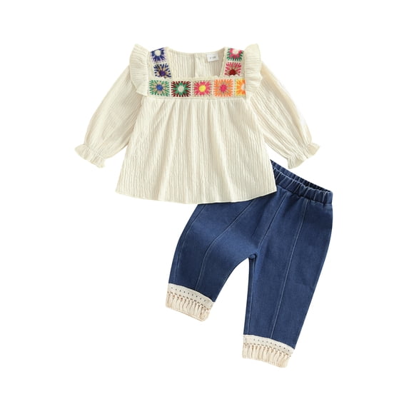 BemeyourBBs Boho Kids Toddler Baby Girl Spring Fall Summer Denim Outfits Infant Baby Clothes Bohemian Long Sleeve Floral Shirt Tops Tassle Jeans Pants Set