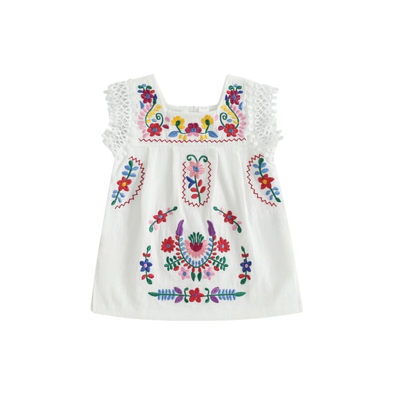 BemeyourBBs Boho Toddler Girls Summer Dress Bohemia Casual Floral Embroidery Square Neck Sleeveless Dress for Beach Party Cute Clothes