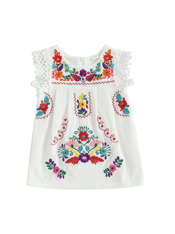 Boho Toddler Girls Summer Dress Bohemia Casual Floral Embroidery Square Neck Sleeveless Dress for Beach Party Cute Clothes