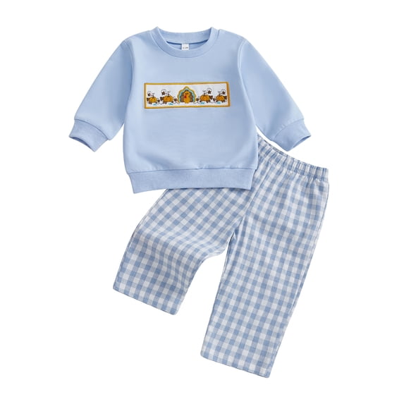 BemeyourBBs Boy 2-piece Outfit Long Sleeve Embroidery Sweatshirt Plaid with Pants