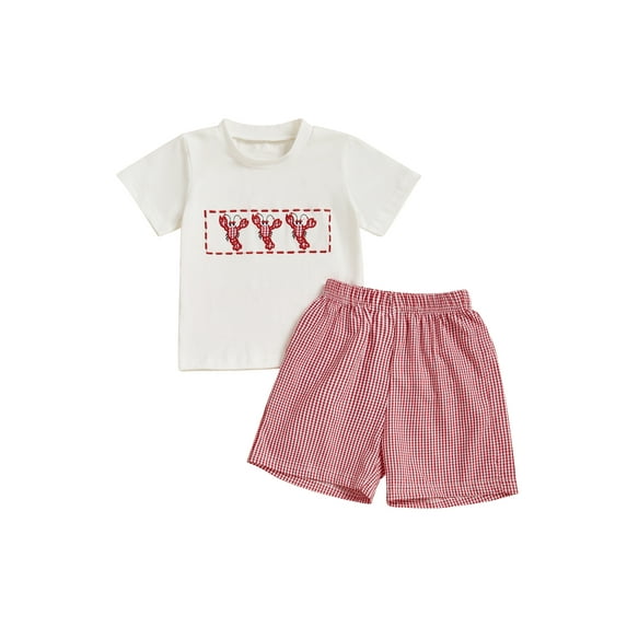 BemeyourBBs Boy Summer Outfits Chick Embroidery Short Sleeve T-Shirts Plaid Shorts