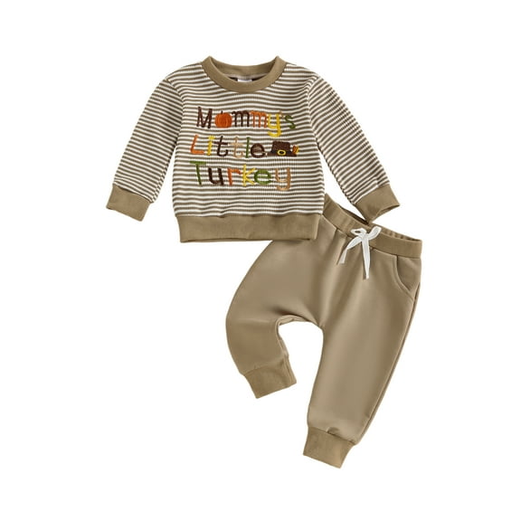 BemeyourBBs Boy Thanksgiving Outfit Letter Embroidery Striped Sweatshirt and Pants