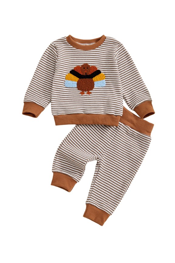 Boy Thanksgiving Sets Long Sleeve Turkey Embroidery Striped Tops Pants