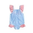 thumbnail image 1 of BemeyourBBs Cute Toddler Baby Girl Striped One Piece Swimsuit Infant Girl Bathing Suit Ruffle Flying Sleeve Square Neck Back Bow Swimwear Summer Pool Beachwear, 1 of 9