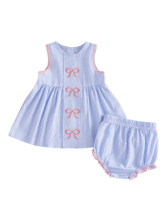 Cute Toddler Baby Girl Summer Clothes 2 Piece Outfit Bow Embroidered Striped Sleeveless Ruffle Babydoll Tunic Shirt Tops and Bubble Shorts Set