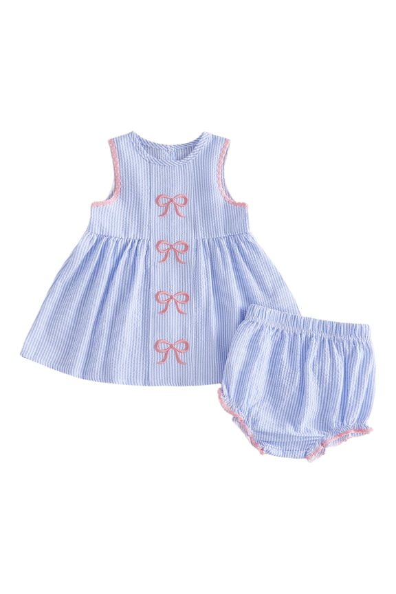 Cute Toddler Baby Girl Summer Clothes 2 Piece Outfit Bow Embroidered Striped Sleeveless Ruffle Babydoll Tunic Shirt Tops and Bubble Shorts Set