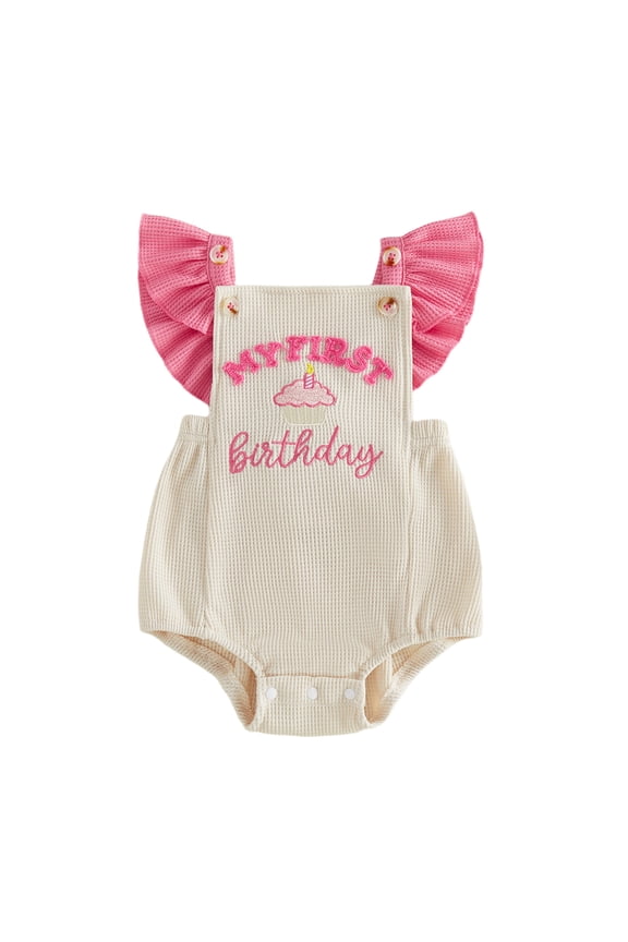 My First Birthday Outfit Baby Girl 1st Years Old Birthday Clothes Summer Romper Overalls Flying Sleeve Cupcake Letters Embroidery Bodysuit Playsuit Jumpsuit