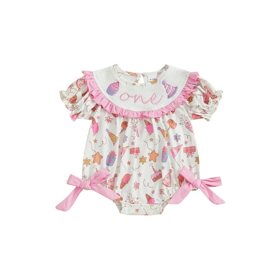 BemeyourBBs Girl Birthday Day Romper Short Sleeve Birthday Hat Embroidery Jumpsuit