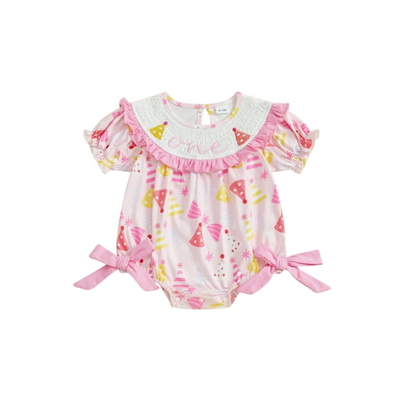 BemeyourBBs Girl Birthday Day Romper Short Sleeve Birthday Hat Embroidery Jumpsuit